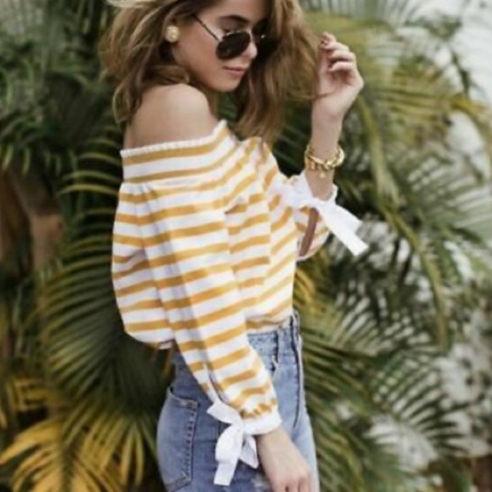 NWOT J Crew off shoulder yellow and white striped top sz XS
